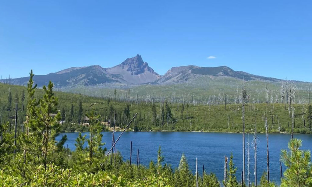 Round Lake Christian Camp with view of Three Fingered Jack and Round Lake, Central Oregon